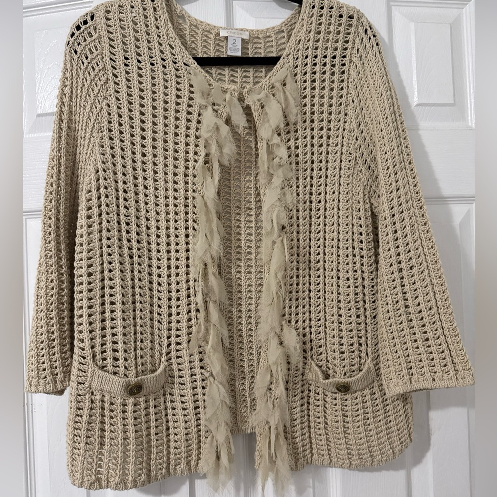 Chico's Oatmeal Open-Knit Cardigan with Fringe